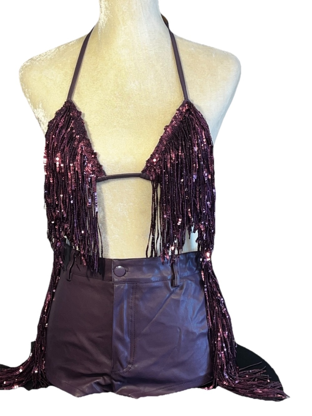 Hot & Delicious Plum Sequin Fringe Halter Camisole matching high waisted shorts